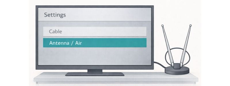 TV settings menu showing antenna mode selected instead of cable mode.