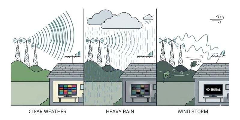 Diagram showing how clear weather, heavy rain, and wind can affect TV antenna signal reception.