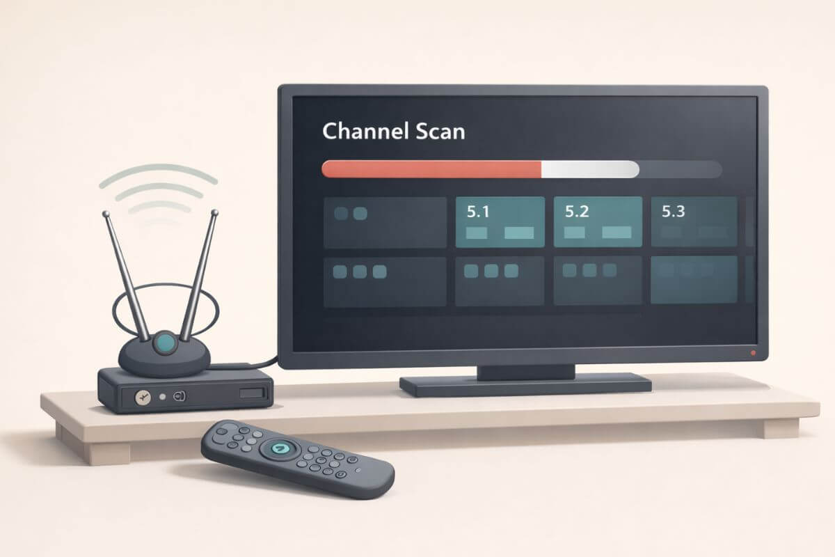 TV antenna channel scan illustration showing a television discovering broadcast channels during an antenna channel rescan.