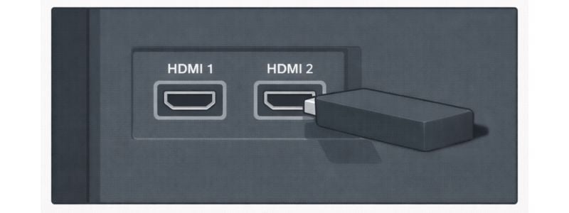 Vector illustration showing HDMI ports on the back of a TV with a streaming stick plugged into one port.