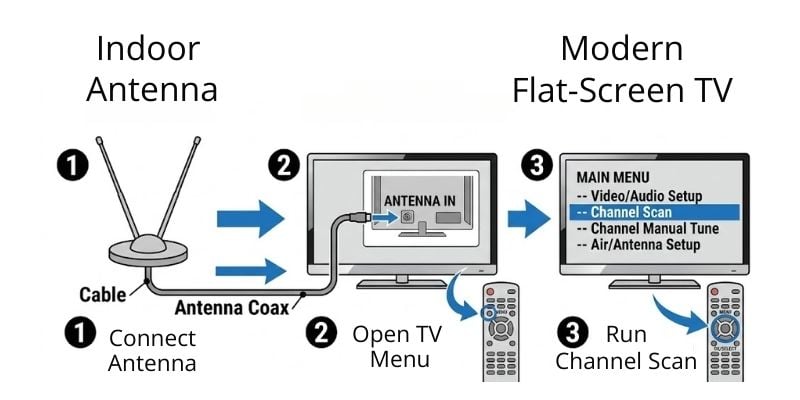 antenna connected directly to modern tv antenna input with channel scan menu