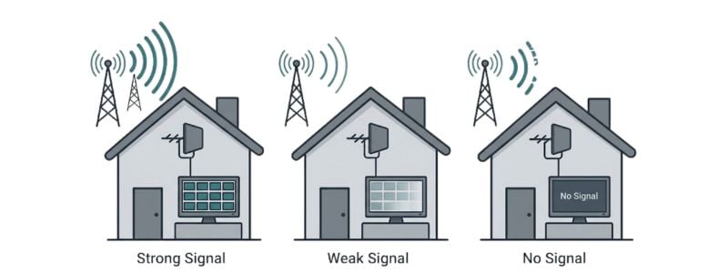 TV antenna signal strength comparison showing strong signal with full channels, weaker signal with missing channels, and no signal causing channels to disappear.