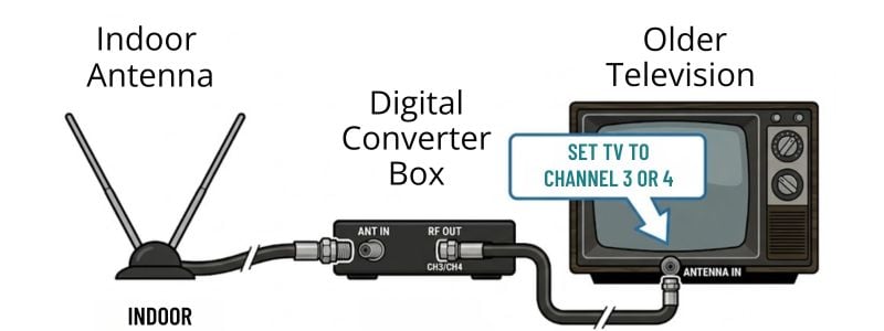 antenna connected to converter box then coax cable to old television antenna input