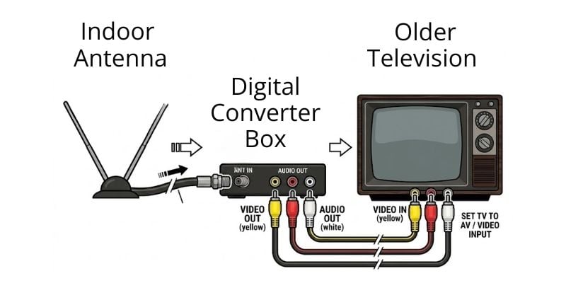 antenna connected to converter box then rca cables connecting to tv video and audio inputs