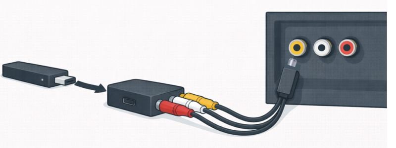 Vector diagram showing a streaming stick connected to an HDMI-to-RCA converter with red, white, and yellow cables going into an older TV.