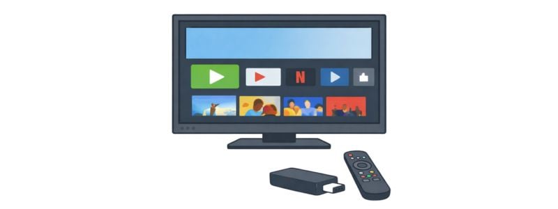 Vector illustration showing a streaming device remote and TV displaying streaming apps.