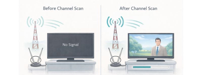Channel scan detecting a new TV broadcast frequency.