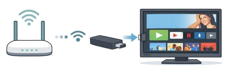 Vector diagram showing a streaming stick plugged into a TV HDMI port connecting wirelessly to a Wi-Fi router for streaming TV.