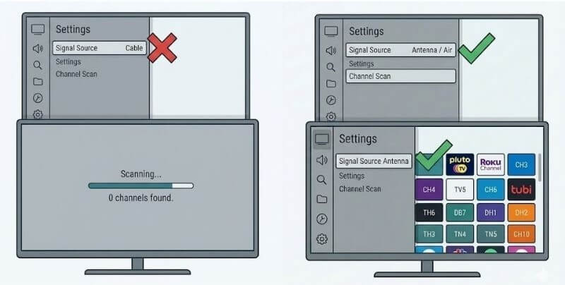 TV antenna scan showing the difference between Cable mode and Antenna mode in TV settings.