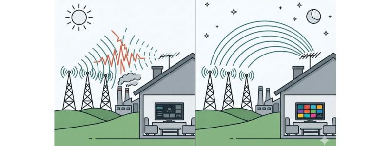 Diagram showing TV antenna reception differences between daytime and nighttime signal conditions.