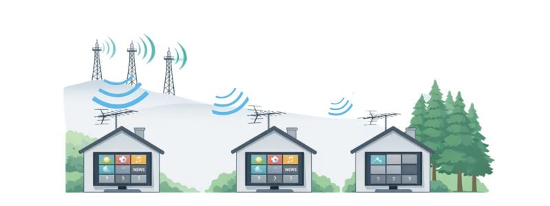 TV antenna signal strength diagram showing three homes at different distances from broadcast towers, with strong, medium, and weak signals affecting the number of channels received.
