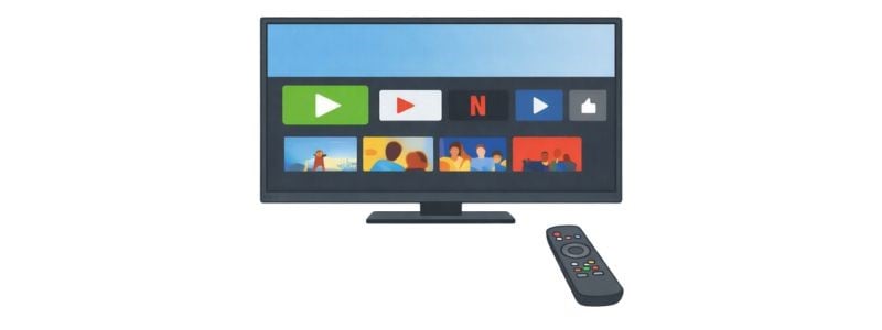 Vector illustration of a smart TV displaying streaming apps with a remote control.