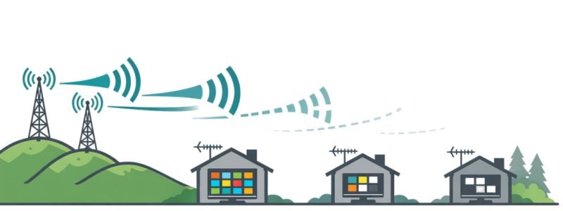 TV antenna signal strength diagram showing how broadcast signals weaken with distance and obstacles between towers and homes.