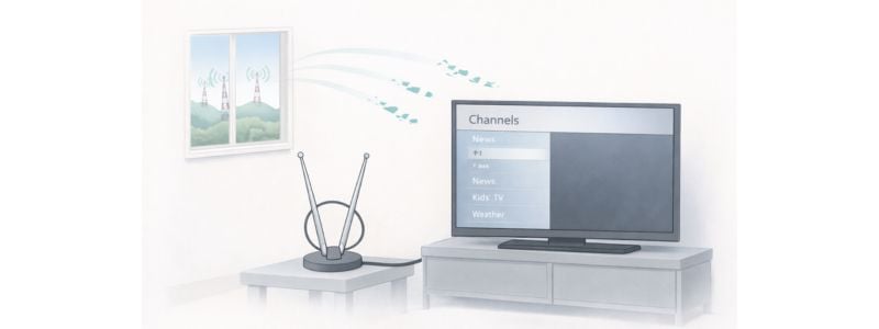 Weak TV antenna signal traveling long distance from broadcast towers.