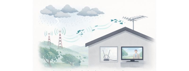 Weather and interference weakening a TV antenna signal.
