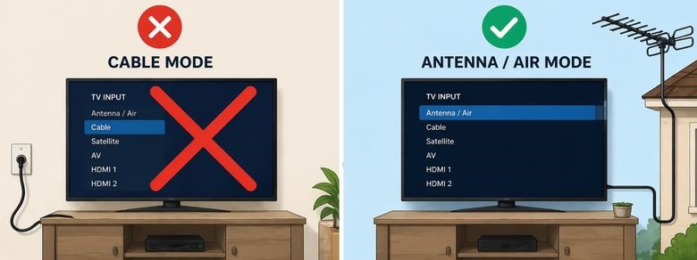 TV set to cable mode with red X on left and antenna or air mode with green check on right