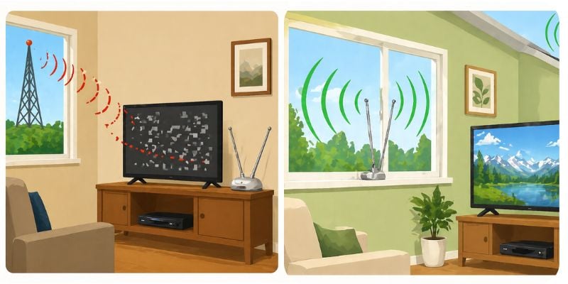 ndoor TV antenna placement low vs high near a window showing signal strength difference