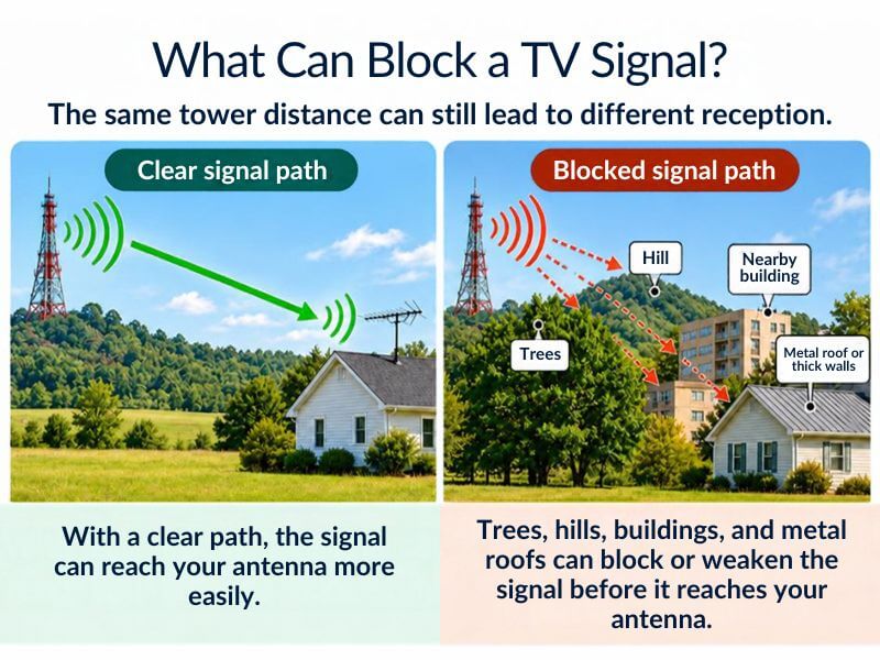 Graphic comparing a clear TV antenna signal path with a blocked signal path caused by trees, hills, buildings, and a metal roof or thick walls.