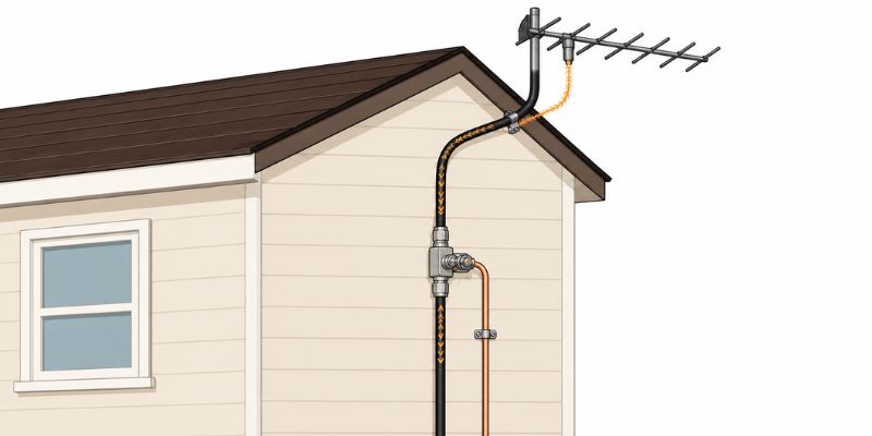 TV antenna grounding block connected between antenna and home with grounding wire attached