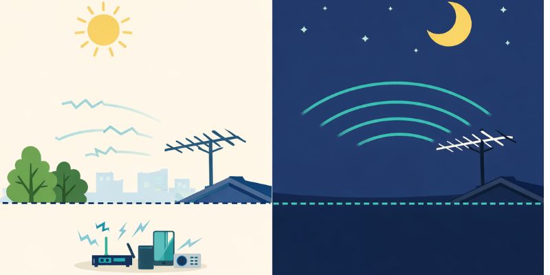 TV antenna signal weaker during the day and stronger at night due to reduced interference