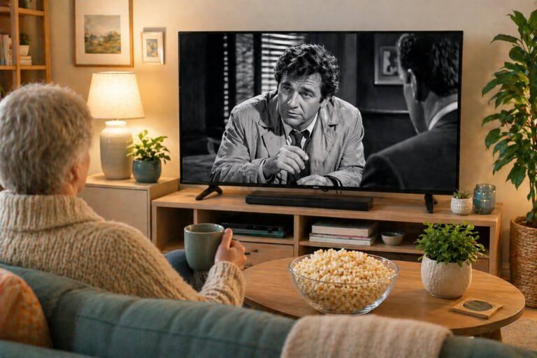 Classic black and white detective show playing on a modern TV in a cozy living room