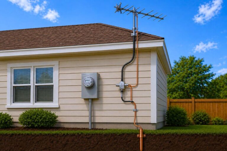 Outdoor TV antenna properly grounded with coax cable, grounding block, and copper wire connected to ground rod