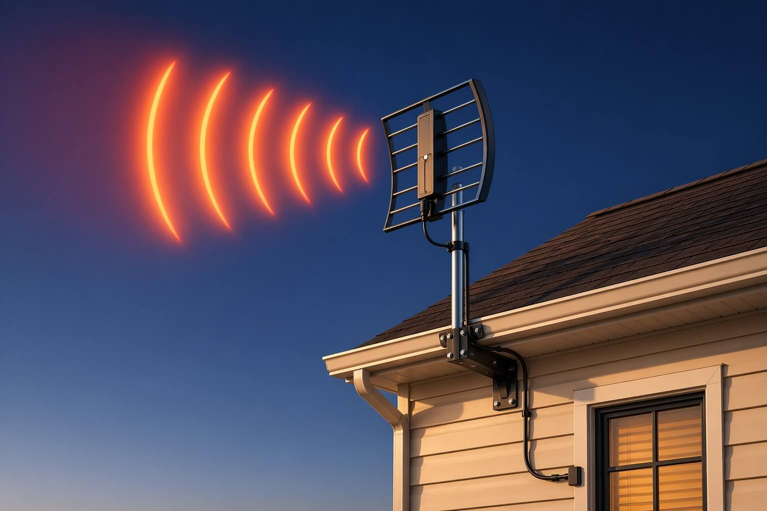 Outdoor TV antenna mounted on roof with strong signal waves showing proper installation and placement