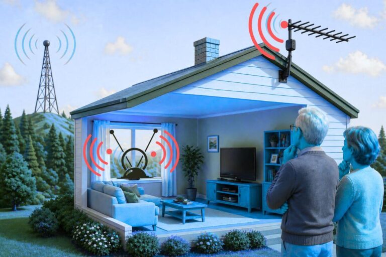 Best TV antenna for your area showing indoor vs outdoor setup based on distance and signal obstacles