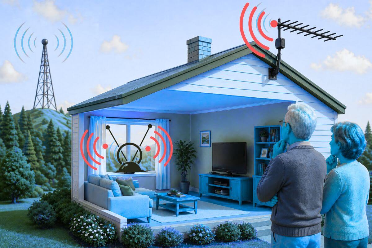 Best TV antenna for your area showing indoor vs outdoor setup based on distance and signal obstacles