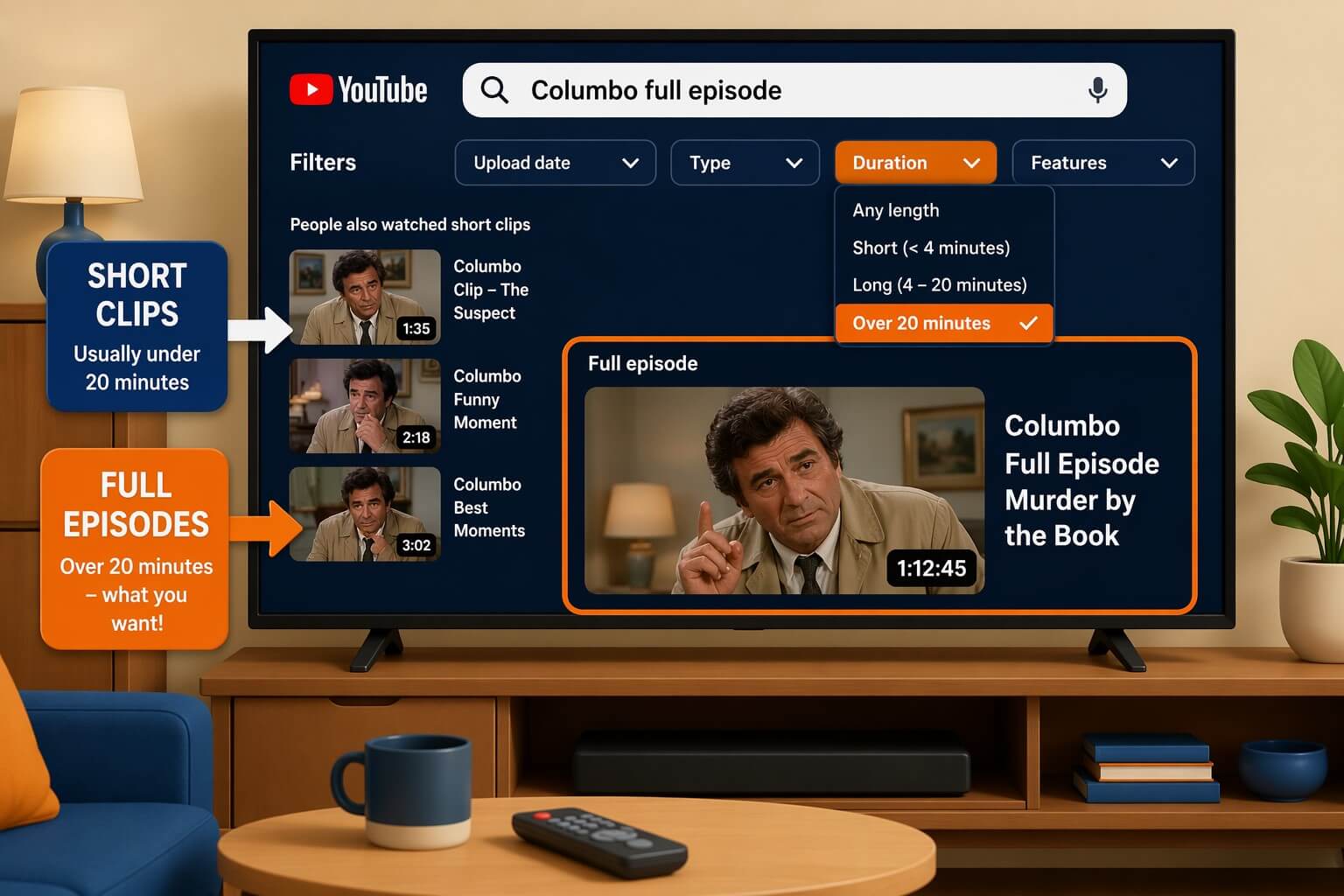 YouTube screen showing how to find full TV episodes by searching and filtering for longer videos instead of short clips