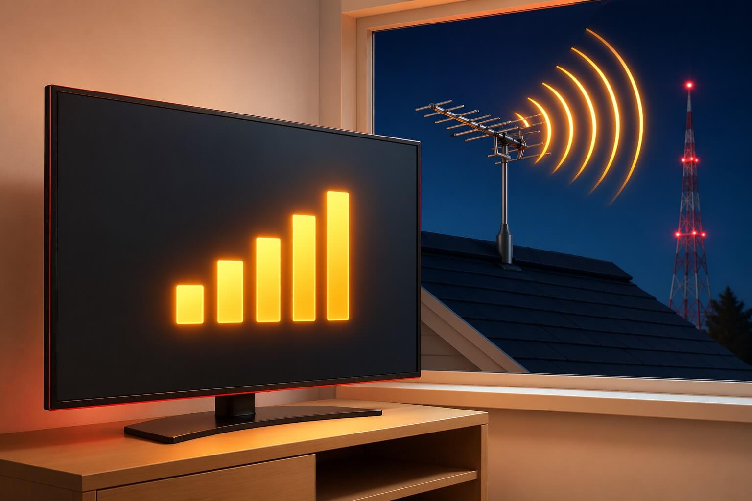 TV antenna signal strength shown as strong signal bars with clear reception