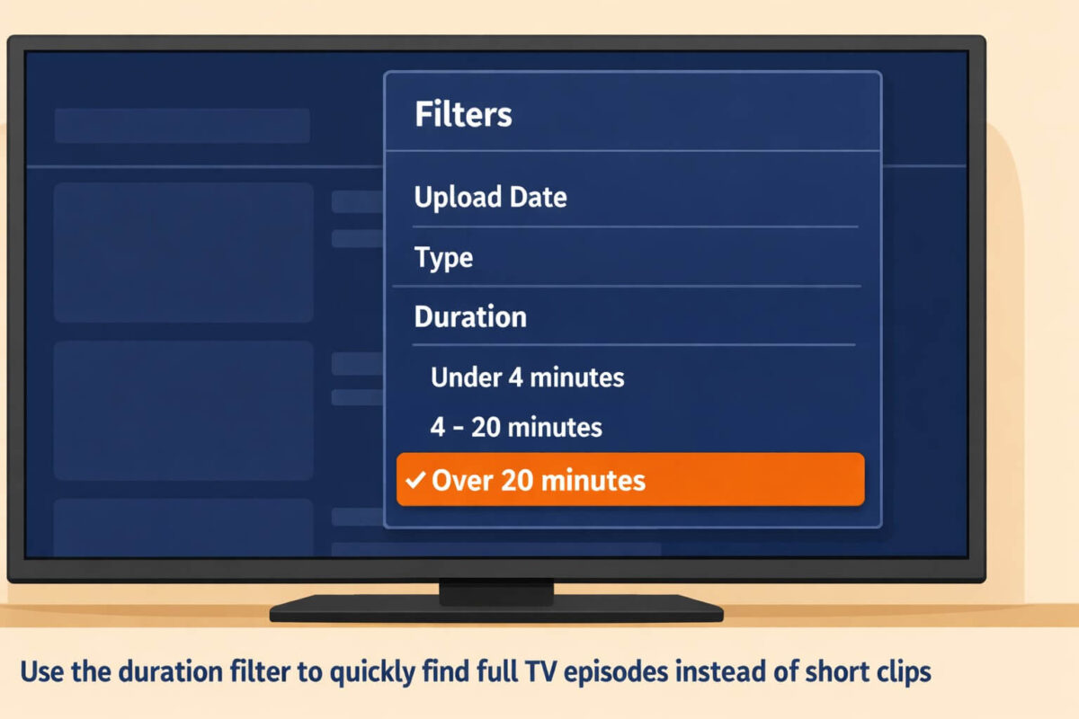 YouTube filter menu showing how to select over 20 minutes to find full TV episodes
