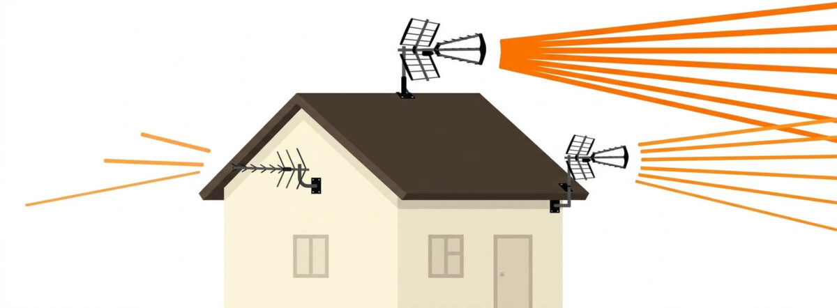 Outdoor TV antenna placement near roofline showing strongest signal at roof peak and weaker signal just below roof level