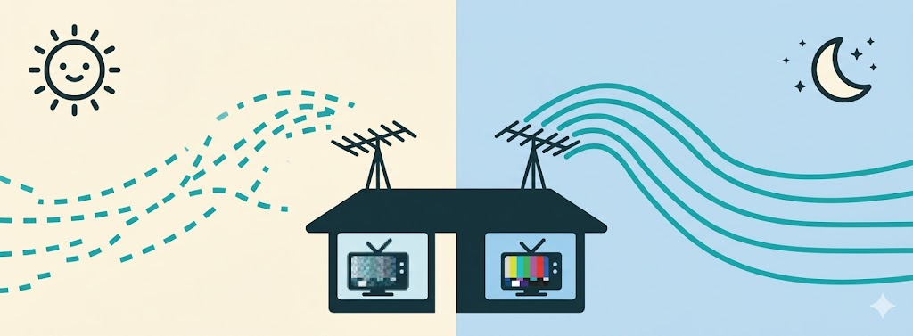 TV antenna signal below usable level during the day and strong enough at night