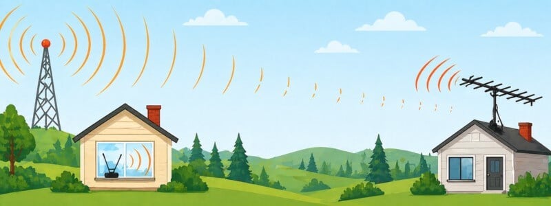 TV antenna choice based on distance from broadcast tower showing indoor for nearby homes and outdoor for distant homes
