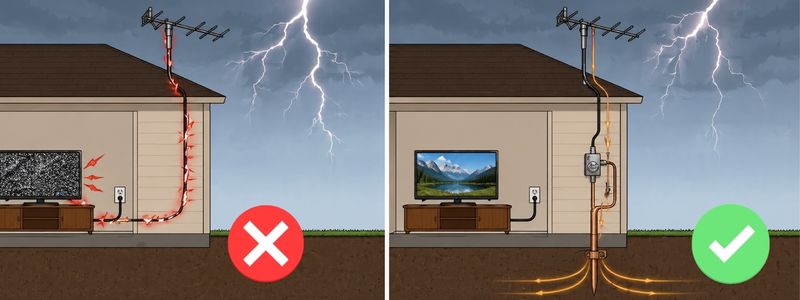 Ungrounded TV antenna causing electrical surge versus grounded antenna safely directing electricity into the ground