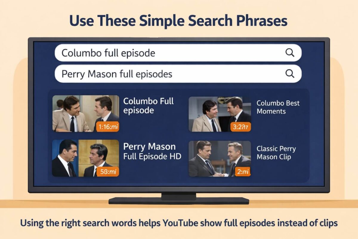 YouTube search examples showing how to find full TV episodes using the right search words