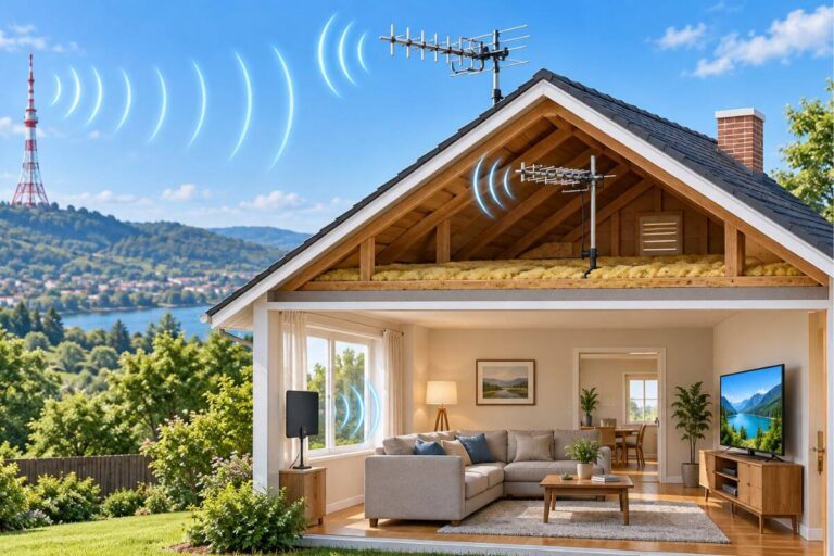Cutaway house showing indoor, attic, and outdoor TV antenna placement options with a broadcast tower in the distance.