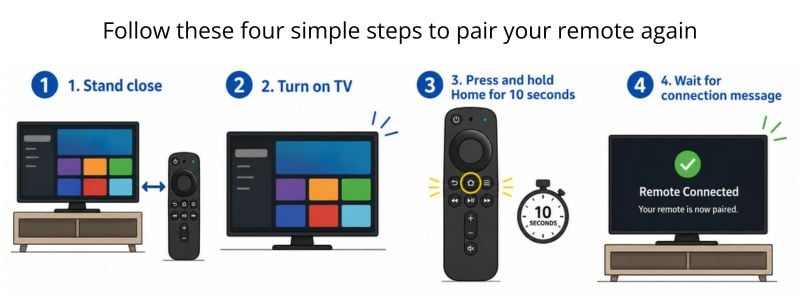 Step-by-step diagram showing how to pair a Firestick remote again by standing close to the TV, turning on the TV, holding the Home button for 10 seconds, and waiting for the connection message.