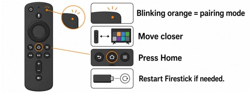 Firestick remote with blinking orange light showing pairing mode, with steps to move closer, press Home, and restart the Firestick if needed.