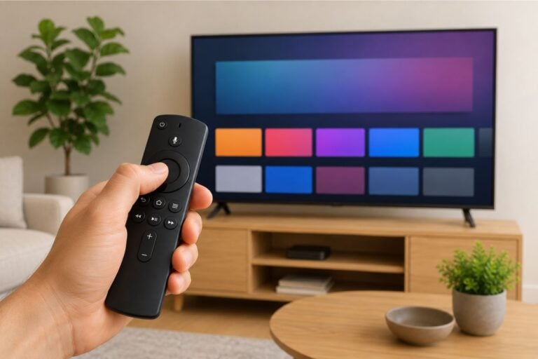 Hand holding a black Firestick-style remote in front of a TV streaming home screen