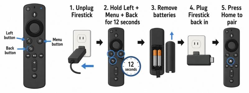 Illustration showing how to reset a Firestick remote by unplugging the device, holding Left Menu and Back, removing batteries, plugging it back in, and pressing Home.