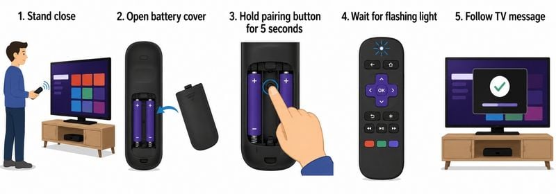 Diagram showing how to pair a Roku remote by opening the battery cover, pressing the pairing button, and waiting for the remote to connect.
