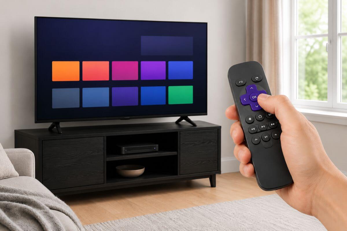 Hand holding a black streaming remote in front of a TV with a generic streaming home screen.