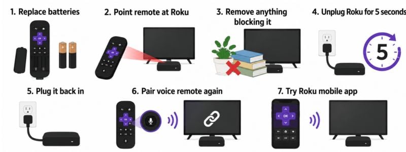 Step-by-step diagram showing seven quick fixes for a Roku remote that is not working.