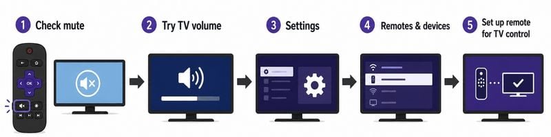 Diagram showing what to check when Roku volume is not working, including mute, TV volume, and remote TV control settings.