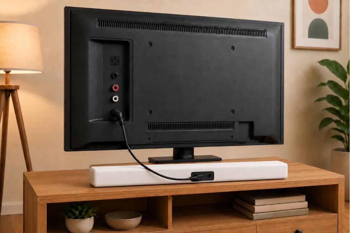 Older TV with soundbar showing HDMI, optical, AUX, and RCA connection options