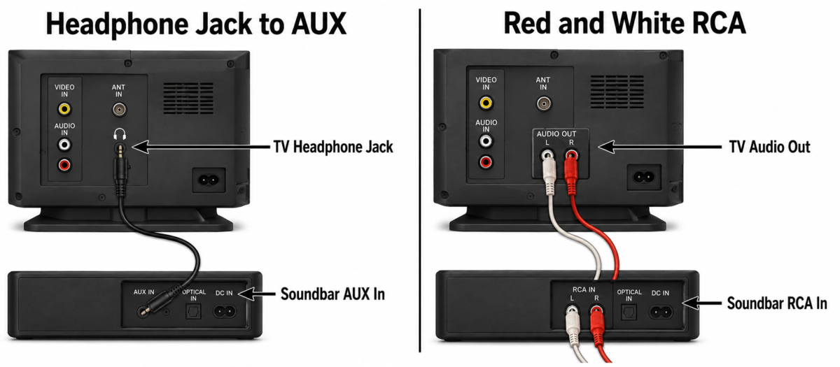AUX and red white RCA cable options for connecting an older TV to a soundbar