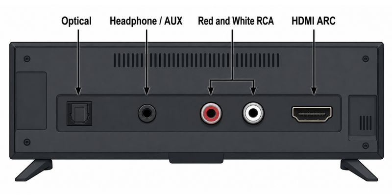 Back of an older TV showing optical, AUX, RCA, and HDMI ARC ports