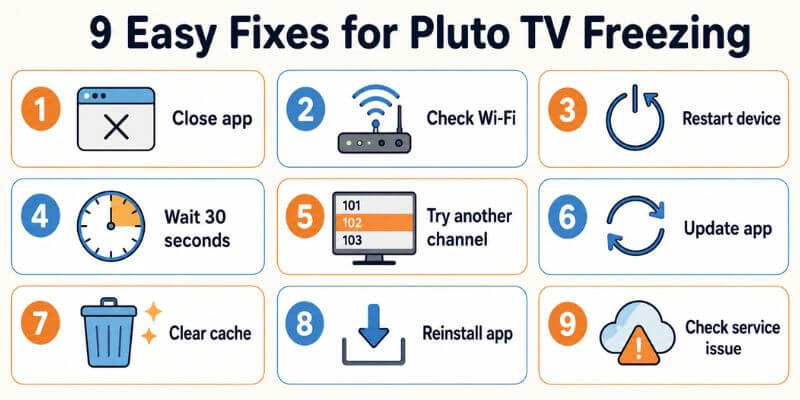 Checklist of nine easy fixes for Pluto TV freezing